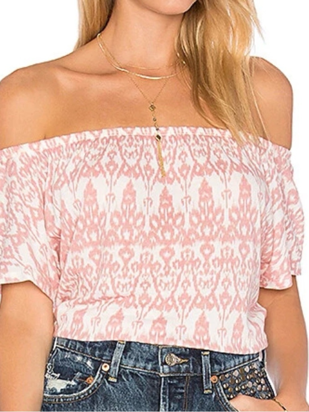 SOFT JOIE CASTIEL PINK OFF-WHITE SHORT CAP SLEEVE OFF SHOULDER SHIRT SZ SMALL